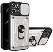 case For iPhone 15 Pro Max Slide Camera Lens Protection and Built in 360 Rotatable Ring Holder - White