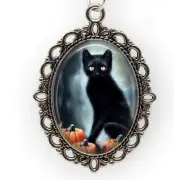 Black Cat Pumpkin Patch Glass Top Oval Pendant Necklace Halloween Photo Jewelry