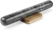 Flexzion Marble Rolling Pin with Wooden Holder Base - Heavy Weight Board Stand Slab Set for Baker Baking Bakery Donut Cookie Pasta Dough Pastry Fondant Pie Chef 11" Black Marble French Dowel