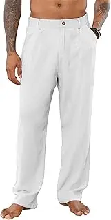 [YAOHUOLE] Mens Linen Pants Lightweight Summer Trousers Elastic Waist Beach Pants with Pockets