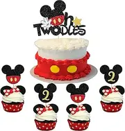 25 Pack Mouse Inspired Second Birthday Cupcake Toppers Glitter Bow Mini Mouse Cupcake Picks Baby Shower Kids Boys Girls 2nd Birthday Party Cake Decorations Supplies Black Red