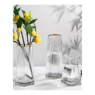 三角缸玻璃花瓶方缸玻璃錘紋描金邊透明玻璃插花花器鮮花家居擺件