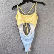 AQUA Swim Checkered Cutout One-Piece Swimsuit Women's Medium Cornflower/Mellow +
