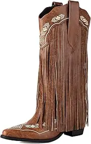 [AIJIVOU] Embroidered Fringe Cowboy Boots for Women, Pull On Mid Calf Chunky Block Heel Pointed Toe Western Cowgirl Boots Riding Country Boot Retro Boots