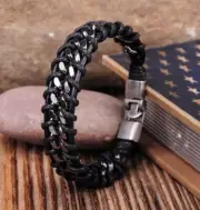 Black Braided Leather Silver Stainless Steel Cuban Chain Men's Bracelet