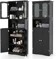 Giantex 164 cm Tall Bathroom Storage Cabinet, Freestanding Linen Cabinet with Frost Glass Doors and Shelves, Kitchen Pantry Cabinet or Living Room Dining Room Office (Black)