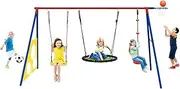 OGL 5in1 Outdoor Kids Swing Set with Playset Basketball Hoop Football Goal Gate Climb Tree Saucer Child Backyard Playground Activity Centre Equipment