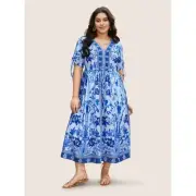 Rare 4X 26 Plus Size Boho Blue Floral BloomChic Maxi Dress Pockets Bandana Print