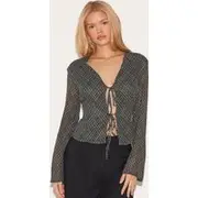 Green Check Chiffon Tie Front Blouse, Green