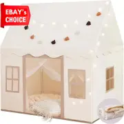 Large Kids Play Tent with Mat Indoor Star Lights Windows Washable Cream Playhous