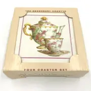 Absorbastone Coasters Set 4 China Teapot Teacup Design Pink Rose Cork Backed DH1