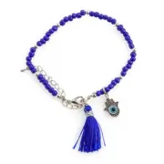 Adjustable Blue Beaded Lucky Eye Hamsa Bracelet Featuring Tassel And Hamsa Charm