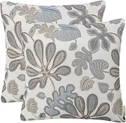 Set of 2 Mika Home Jacquard Tropical Leaf Pattern Throw Pillow Covers Decorative Pillowcase 20X20 InchesBlue Cream