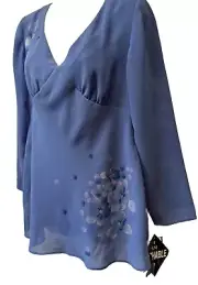 New Karin Stevens Women's 14 Blue Long Sleeve Chiffon Blouse Tunic Top