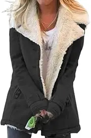 [EdNey] Winter Jackets For Women Plus Size Lamb Wool Outdoor Warm Thick Lining Fleece Jacket Lapel Collar Button Down Outerwear, Black, Medium
