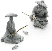 DUZFOREI 2PCS Sitting Fishing Figurines Sandstone Vintage Ornament Japanese Decor for Fish Tank Pot Garden Home Aquarium Mini Fisherman Statue Asian Zen Decoration
