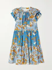 [Ulla Johnson] Ulla Johnson - Gail Ruffled Tiered Patchwork Floral-print Cotton-blend Dress - Blue - US2 US 2 Blue