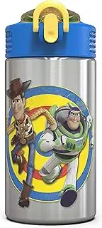 Zak Designs Toy Story 4 - Stainless Steel Water Bottle with One Hand Operation Action Lid and Built-in Carrying Loop, Water Bottle with Straw is Perfect for Kids (Buzz & Woody, 15.5 oz,18/8,BPA Free)
