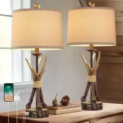 Rustic Farmhouse Antler Table Lamps Set of 2 with USB Charging Port, 27inch W...