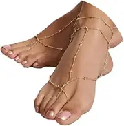 [Aularso] 2PCS Boho Beaded Barefoot Sandals Layered Foot Chain Summer Beach Anklet Ring Chain Toe Ring Foot Jewelry for Women