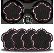 BELOMI 4PCS Bling Car Cup Holder Coaster, 2.75 Inch Crystal Anti-Slip Vehicle Cup Holder Insert Coaster, Rhinestone Cute Plum Blossom Pattern Auto Drink Mat, Universal for Women Girls(Pink)