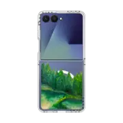 Galaxy Z Flip7 Clear Magnetic Case WOODLAND RETREAT 4, FOREST TREES GREEN AQUA TEAL NATURE MOUNTAINS PAINTING