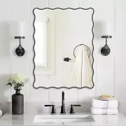 Black Wavy Mirror Whit Wood Frame, 18" X 24" Small Rectangle Boho Mirror for Nur