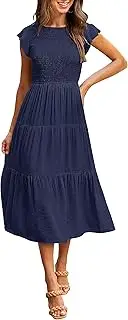 [MEROKEETY] Women's Flutter Short Sleeve Smocked Midi Dress Summer Casual Tiered A-Line Dress