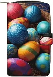 [RTSEBVN] Leather Wallet Multifunction Long Wallet Fashion Easter Day Colorful Eggs Printing Leather Purse with For Women And Men, style, 19.7x11x3.5cm, Leather Wallet