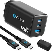 ZYRON 65W USB C Charger, 3 Port GaN Charger, PD QC4 Fast Charger, SAA Certified Safe AU Wall Plug iPhone Charger, Samsung 45W Charger Type C, USBC Power Adapter for Laptop, iPad, Switch, Black