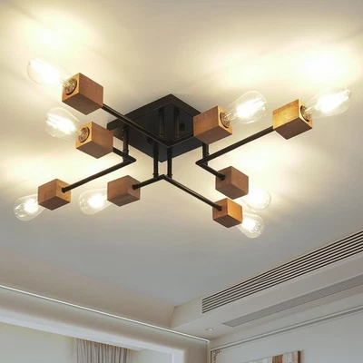 8-Light Modern Black and Wood Sputnik Chandelier Retro Matte Ceiling Light Fi...