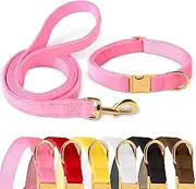 GAMUDA Velvet Dog Collar and Leash, Super Soft and Smooth, Heavy Duty Gold Buckle, Comfortable and Easy to Clean, Adjustable Collar for Dog (M, Pink)