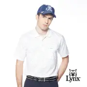 【Lynx Golf】男款雙絲光純棉羅紋領條紋滿版小山貓印花胸袋款短袖POLO衫/高爾夫球衫-白色