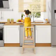 Costway2-in-1 Wooden Kids Kitchen Step Stool with Safety Rails-Natural