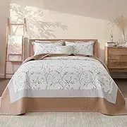 FineStichery Oversized Quilt Bedspread Coverlet Set, 128"x120" 100% Cotton California King Quilt, Reversible Brown Botanical Pattern, Lightweight and Soft Quilted Bedding Set with 2 Pillow Shams