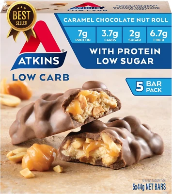 Caramel Chocolate Nut Roll Bar - High Fibre, Low Sugar, Protein Snack, 5 Pack