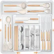 Larger Cutlery Drawer Organiser, Expandable Utensil Drawer Organiser with 9 Compartments, 3-sided Cutlery Organiser, Adjustable Cutlery and Flatware Tray, Non-Slip, Large for Spoons, Forks and Knives