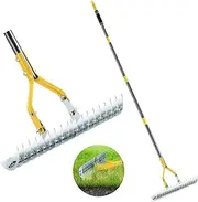 Angogoo Thatch Rake, 15-Inch Lawn Thatching Rake, Robust Dethatcher Rake, Efficient Steel Metal Rake with Handle, Versatile Grass Grooming Rake for Cleaning Dead Grass 001
