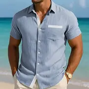 Men's Color Block Linen Shirt Summer Shirt Button Up Shirt Short Sleeve Fashion Casual Vacation Holiday Beach Wear Summer Spring Turndown Collared Shirts Front