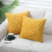CJWLKJ 2Pcs Soft Faux Fur Throw Pillow Covers 18x18 - Plush Short Wool Velvet Decorative Pillow Covers - Couch Sofa Pillow Covers for Living Room - with 3D Diamond Pattern (Mustard Yellow)