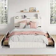 ADVWIN Double Size Bed Frame with 4 Storage Drawers and Velvet Upholstered Headboard & Charging Station and USB Ports, Upholstered Platform Bed Frame, No Box Spring Needed (Off-White, Double)