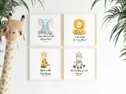 Christian Baby Jungle Animals Nursery Wall Art Prints - Set of Four