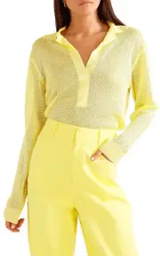 tibi citron yellow sweater top collared long sleeve mesh Sz L NWT$350