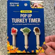 Gourmet Club 3 pack pop up Turkey Timer with Thanksgiving themed tops leaf acorn