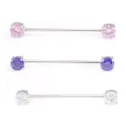Industrial Barbell with Front Facing Cubic Zirconia Ends . Stainless Steel 14G