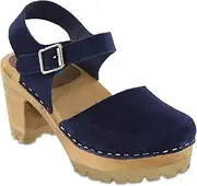 MIA Abba Womens Closed-Toe Leather Clog Sandals with Chunky Wooden Block Heels, Retro Style Fashion Shoes, Swedish Wood
