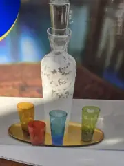 Etched Decanter and 4 Colored Etched Cordial Glasses and Gold Tray Set