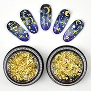 Katfan 3D Gold Nail Studs Gems Mixed Sparkle Rhinestones Crystals Pearls Beads Hollow Moon Star Metal Rivets Charms Micro 3D Nail Art Decoration for DIY Jewelry Diamonds Women Manicure(2 Boxes)