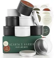 Hearth & Harbor Tin Candle Jars for Making Candles - DIY Candle Containers with Lids - Metal Candle Jars - Bulk Tins Storage for Candle - (24 Pieces) - (8 Ounces) - Solid Black and White