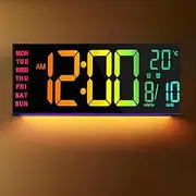 Alarm Clock 16 inch, Large Clock with Remote Control, Digital Wall Clock LED Dispaly, 8 RGB Colors, 12/24H, Date, Temperature, Countdown Timer, Night Light for Bedroom, Loud Alarm Clock for Elderly